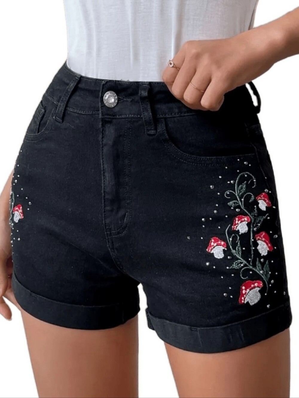 SHEIN Mushroom Embroidered Black Denim High-Waist Women’s Shorts